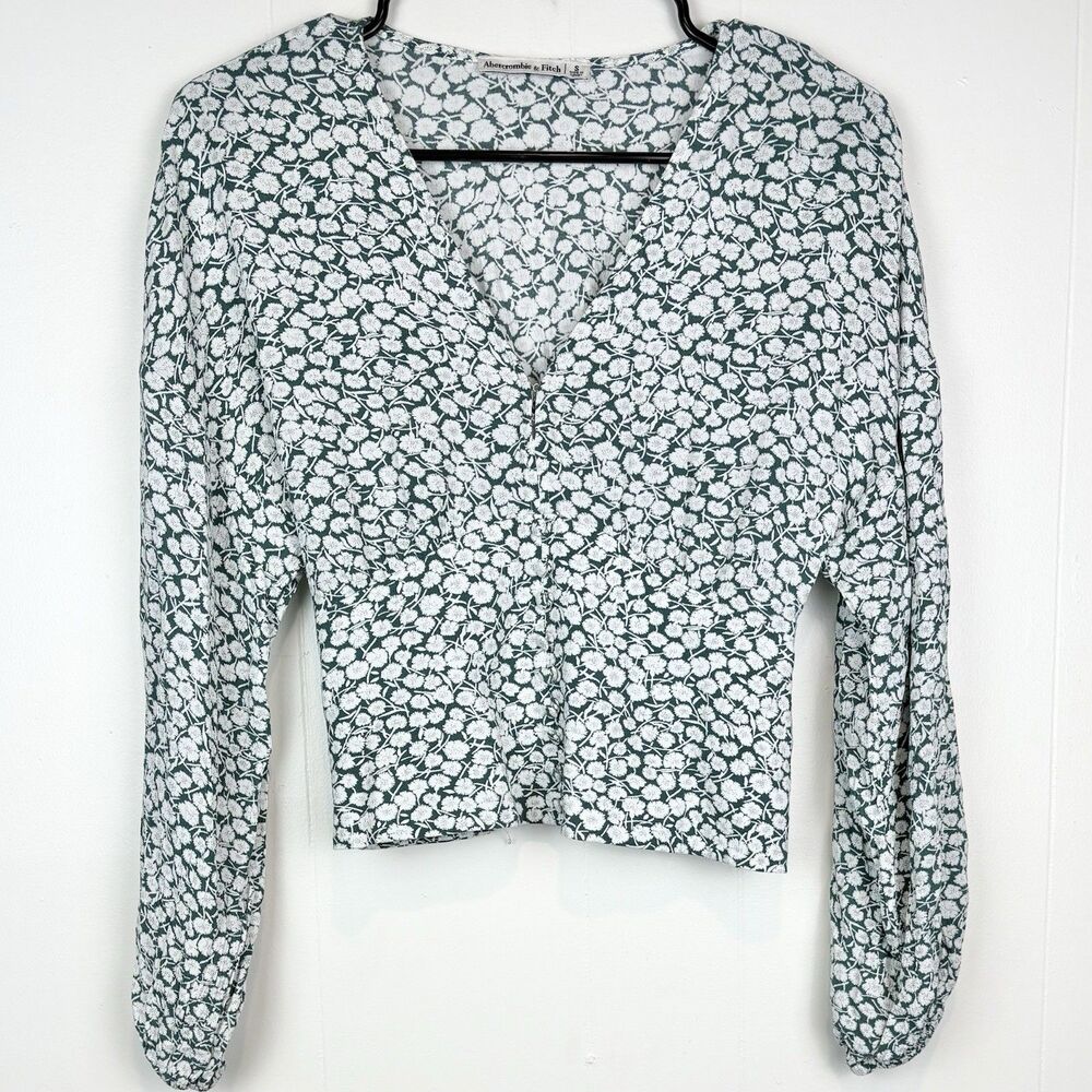 A&F Women's Romantic Delicate Green Long Sleeve Floral Blouse V-Neck Size Small